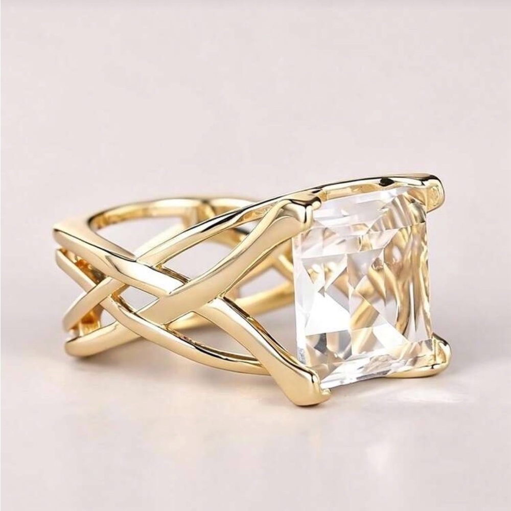 Gold Statement Ring With Clear Crystal Center Siz… - image 4